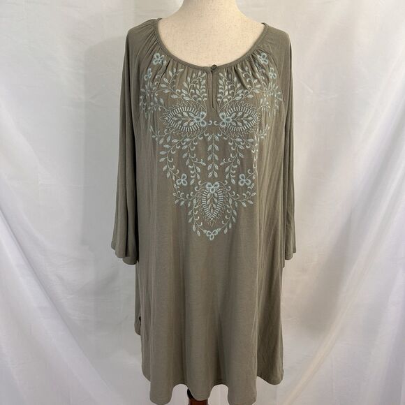 NWT J. Jill Womens 2X Plus Tunic Top Embroidered Olive Blue Boho Hippie - Picture 2 of 9